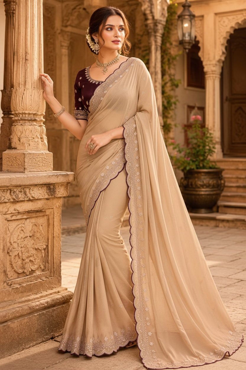 Georgette Border Embroidery Work Designer Saree With Unstitched Blouse(Beige)