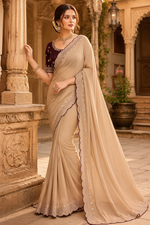 Load image into Gallery viewer, Georgette Border Embroidery Work Designer Saree With Unstitched Blouse(Beige)

