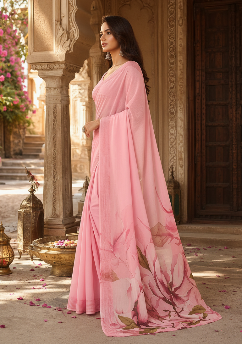 Georgette Digital Print Saree With Unstitched Blouse(Baby Pink)