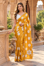 Chinon Silk Floral Print Saree With Unstitched Blouse(Orange)