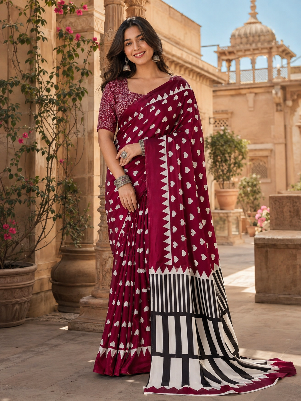 Satin Silk Ajrakh Print Saree With Unstitched Blouse(Wine)