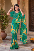 Satin Silk Floral Printed Saree With Unstitched Blouse(Green)