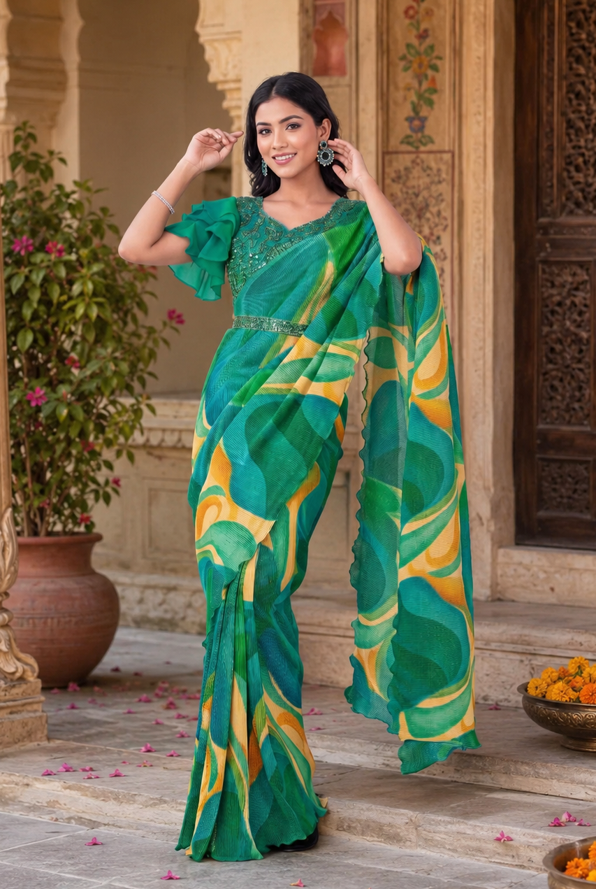 Satin Silk Floral Printed Saree With Unstitched Blouse(Green)