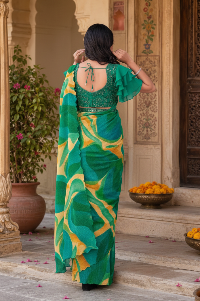 Satin Silk Floral Printed Saree With Unstitched Blouse(Green)