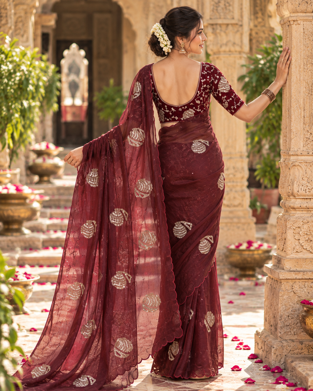 Satin Silk Border Cut Work Saree With Unstitched Blouse(Brown)