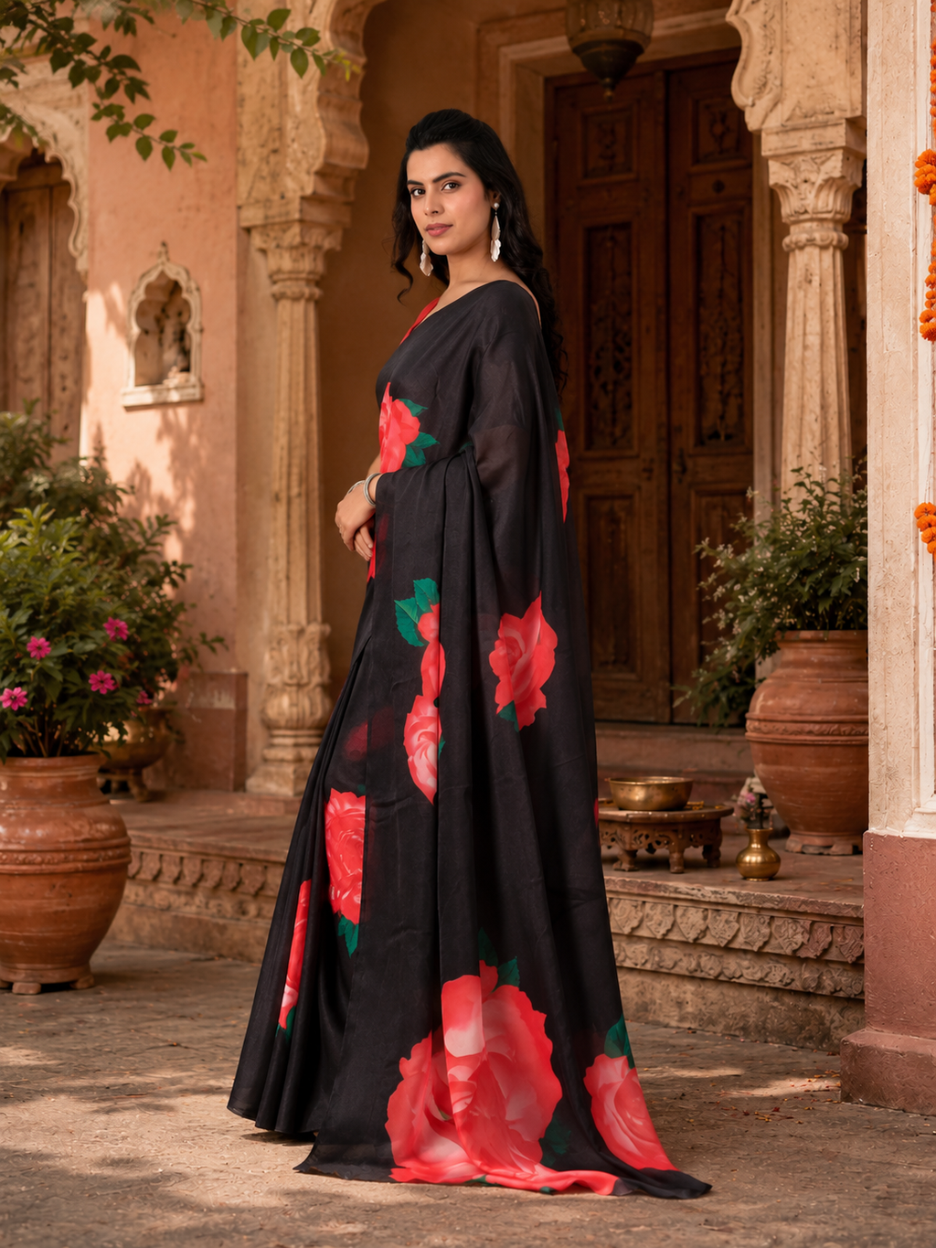 Georgette Satin Floral Printed Saree With Unstitched Blouse(Black)