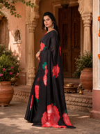 Georgette Satin Floral Printed Saree With Unstitched Blouse(Black)