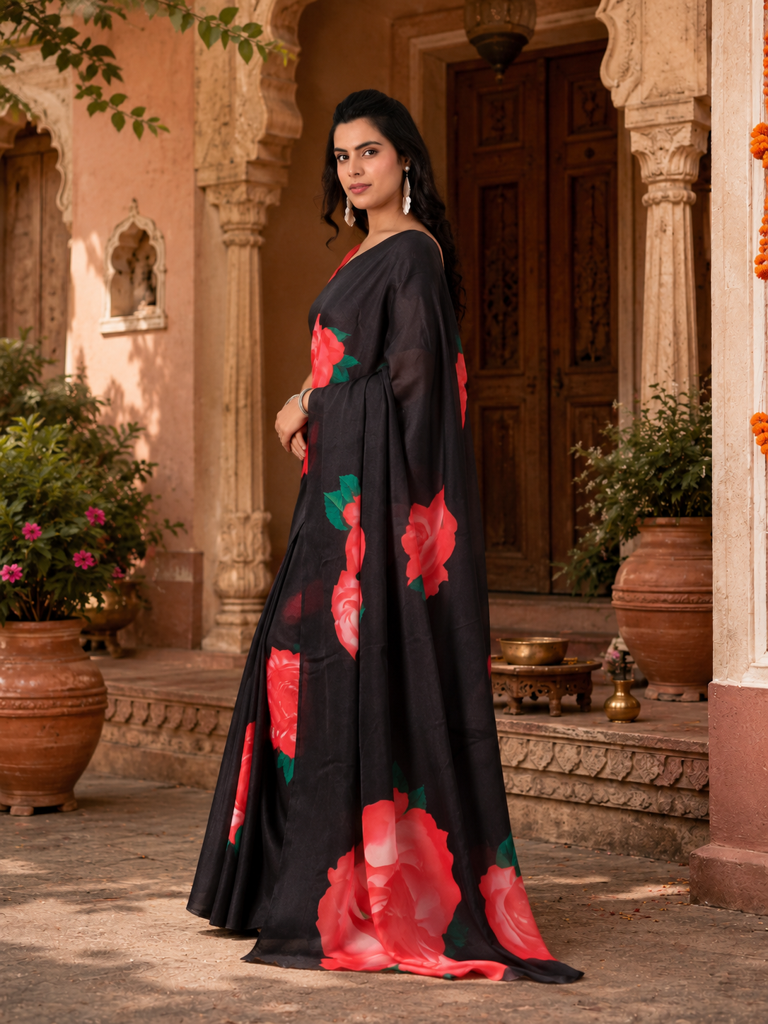 Georgette Satin Floral Printed Saree With Unstitched Blouse(Black)