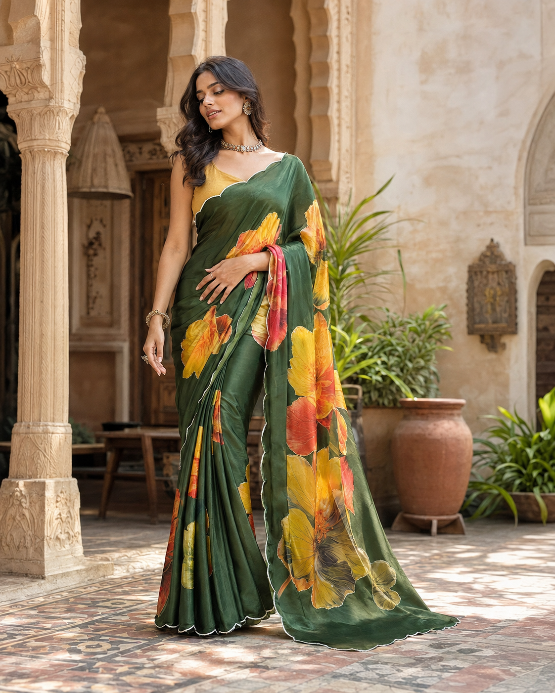 Satin Silk Floral Print Saree With Unstitched Blouse(Green)