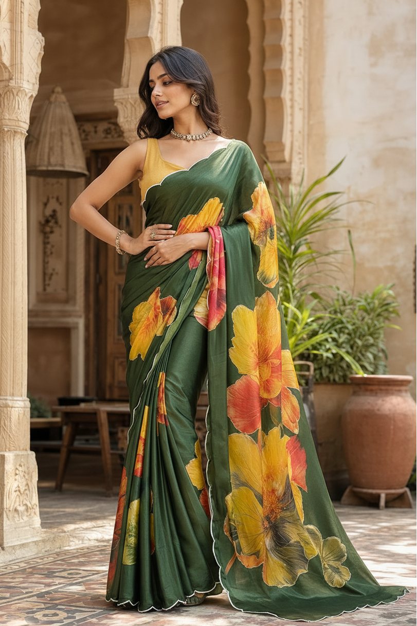 Satin Silk Floral Print Saree With Unstitched Blouse(Green)