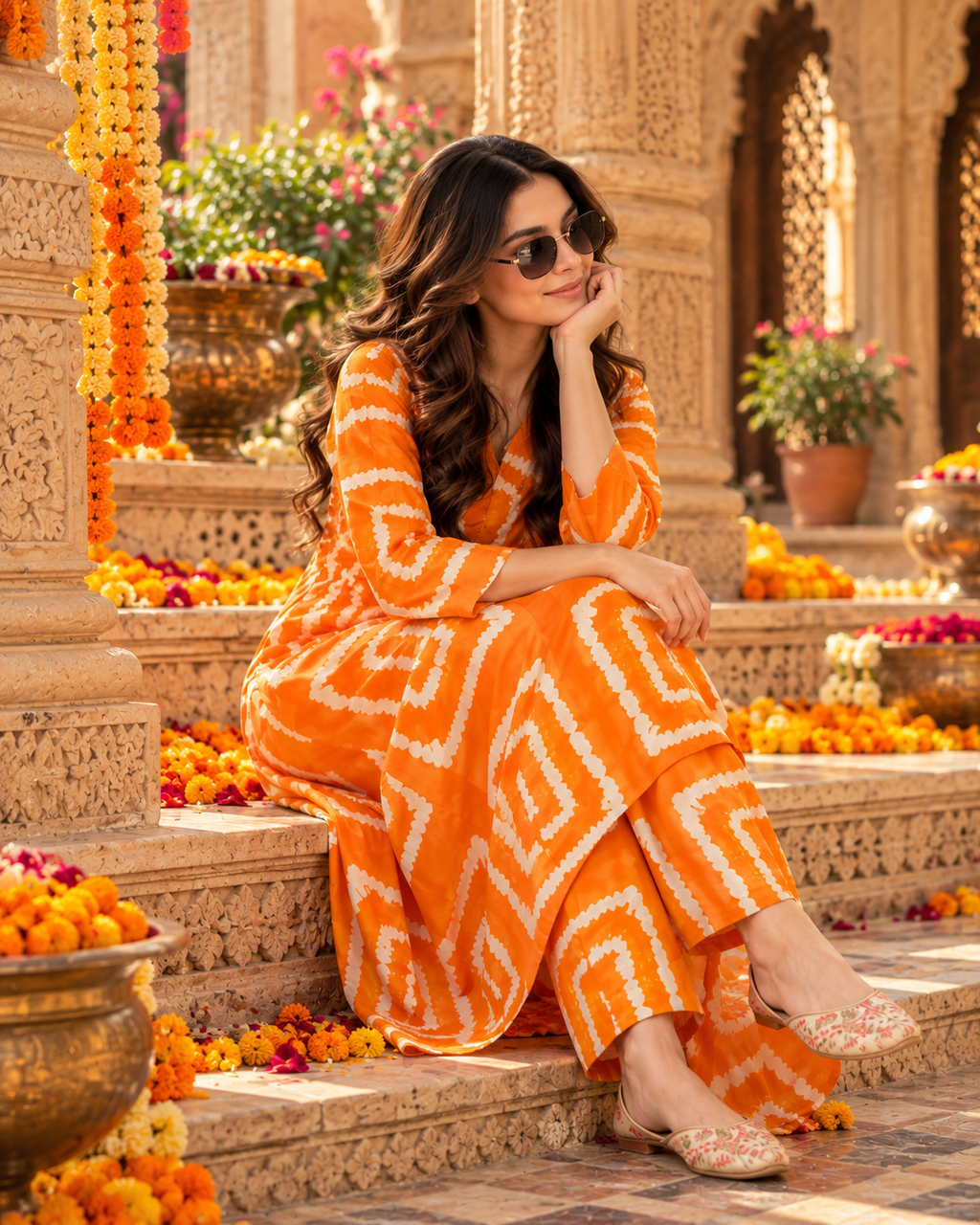 Rayon Kurti Pant Printed Set(Orange)