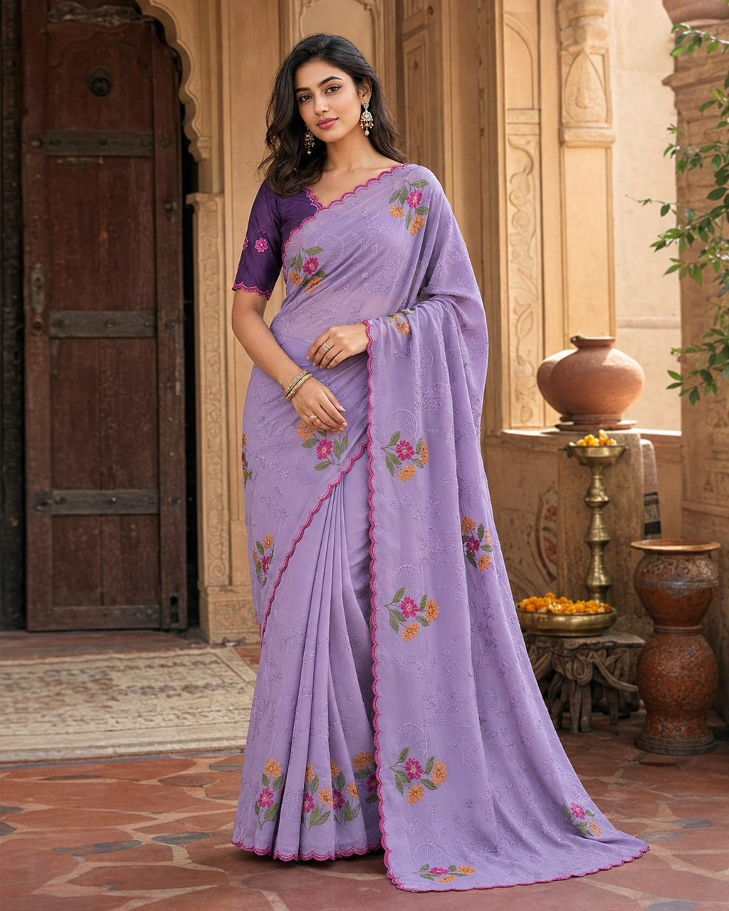 Cotton Floral Printed Saree With Unstitched Blouse(Violet)
