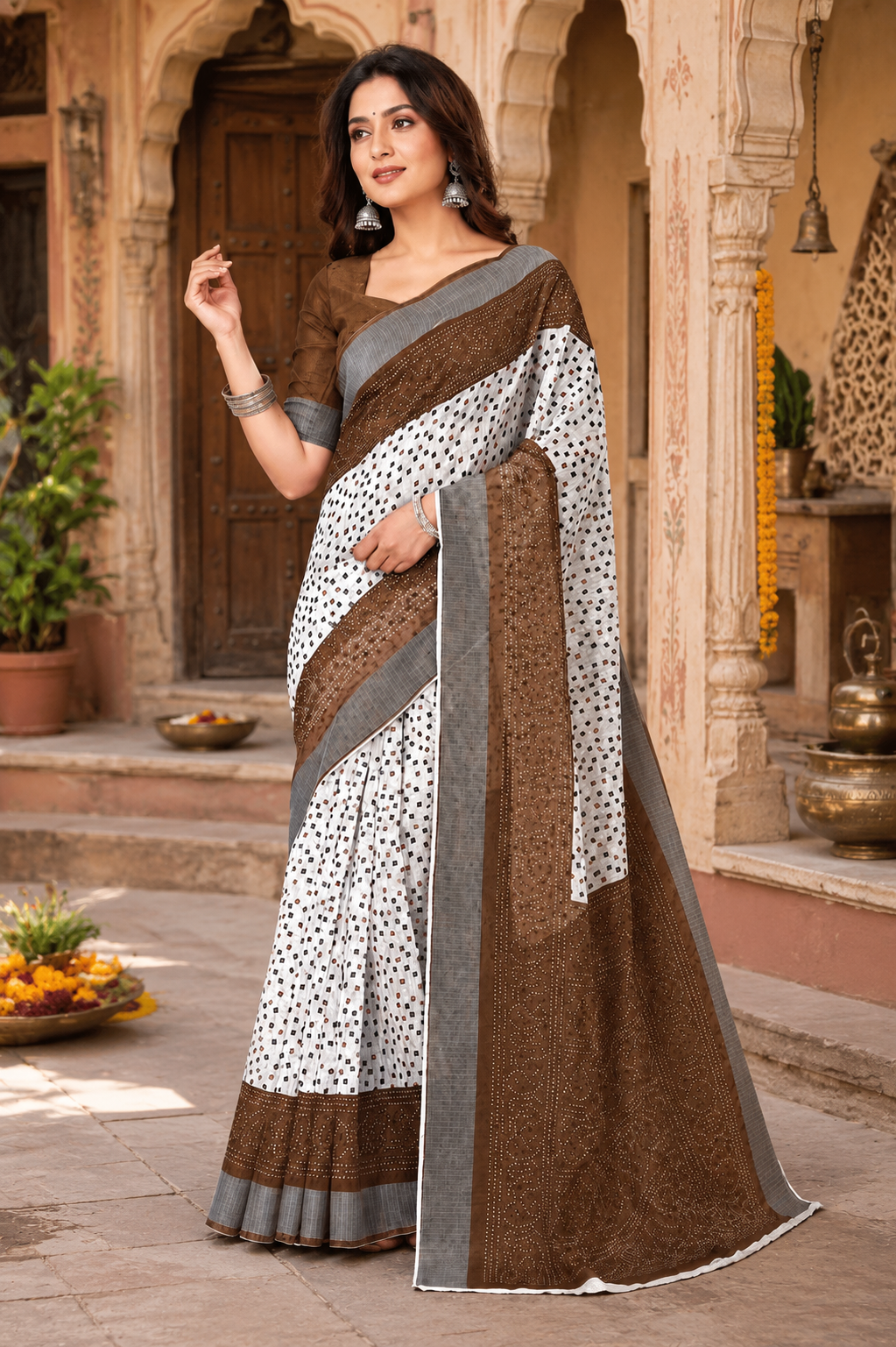 Linen Printed Saree With Unstitched Blouse(Coffee)