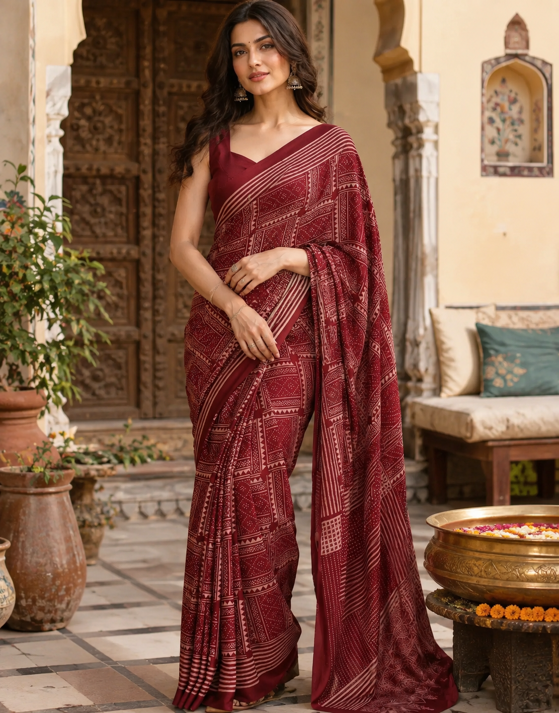 Satin Silk Printed Saree With Unstitched Blouse(Red)