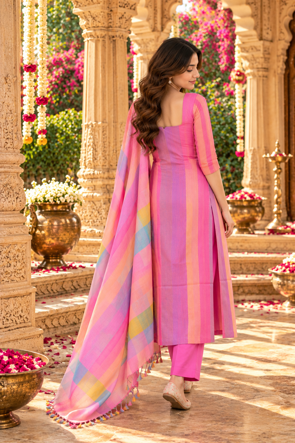 Cotton Kurti Pant Set with Dupatta(Multicolour)