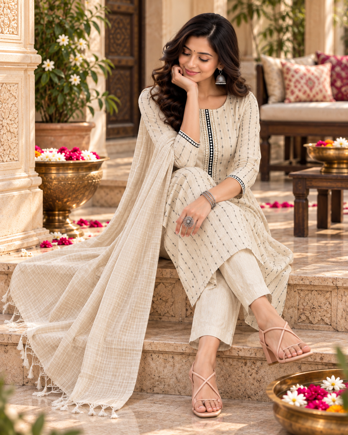 Cotton Kurti Pant Set With Dupatta(Beige)