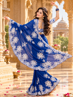 Organza Silk Thread Embroidery Work Saree With Unstitched Blouse (Blue)