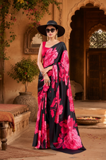 Load image into Gallery viewer, Satin Silk Floral Printed Saree with Unstitched Blouse(Pink)
