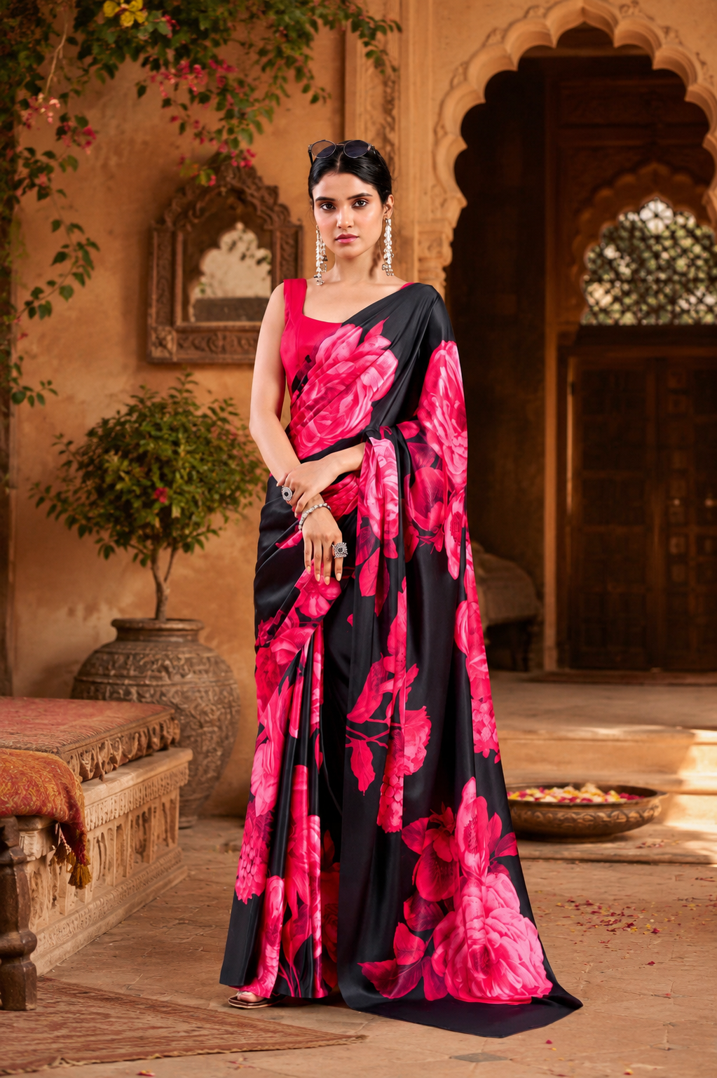 Satin Silk Floral Printed Saree with Unstitched Blouse(Pink)