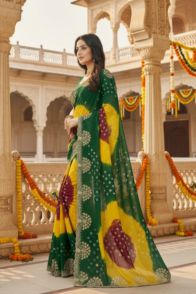 Georgette Bandhani Print Saree With Unstitched Blouse(Yellow)