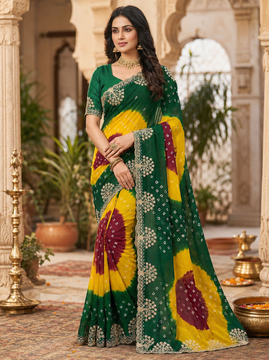 Georgette Bandhani Print Saree With Unstitched Blouse(Yellow)