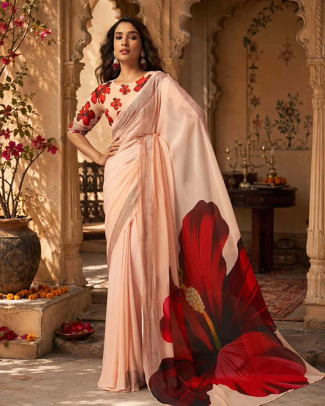 Georgette Digital Print Saree With Unstitched Blouse(Cream)