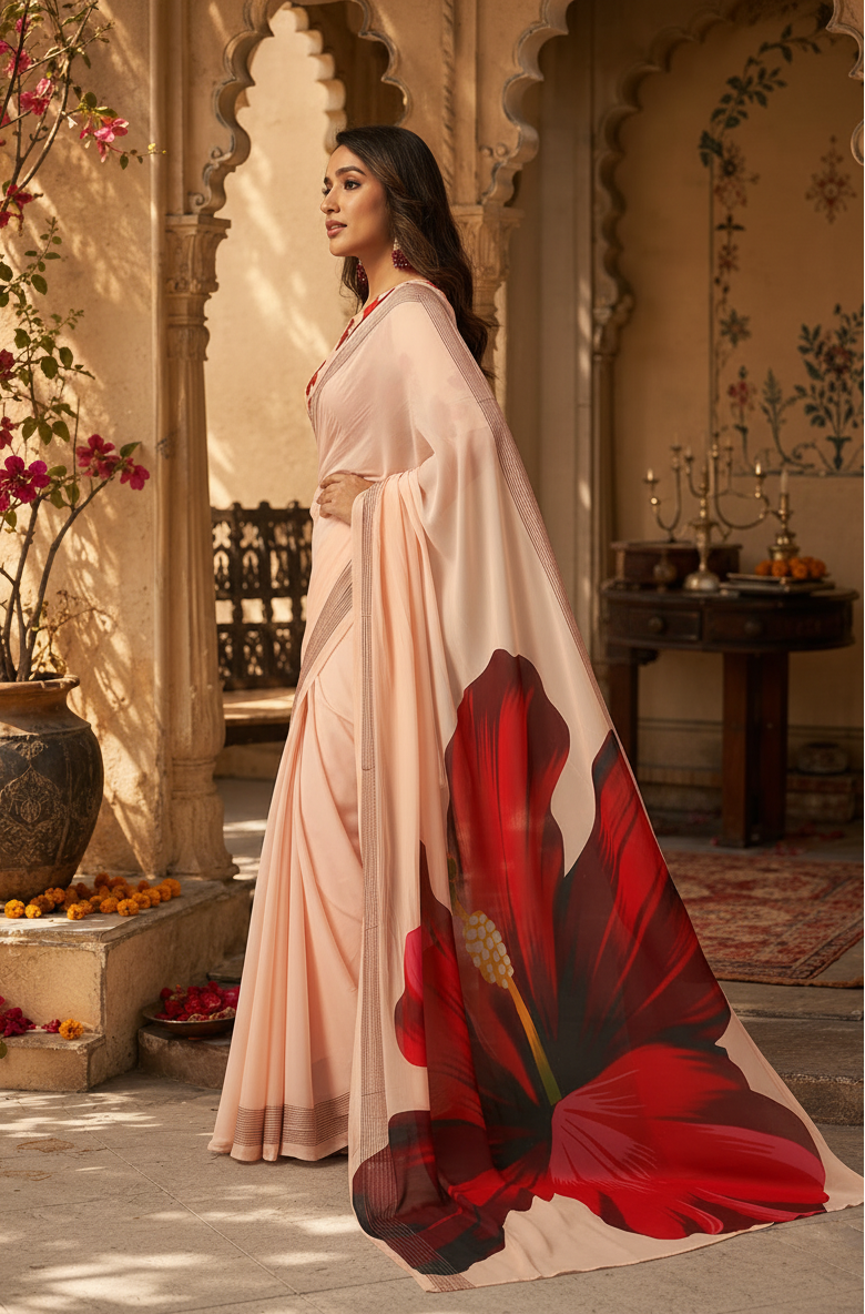 Georgette Digital Print Saree With Unstitched Blouse(Cream)