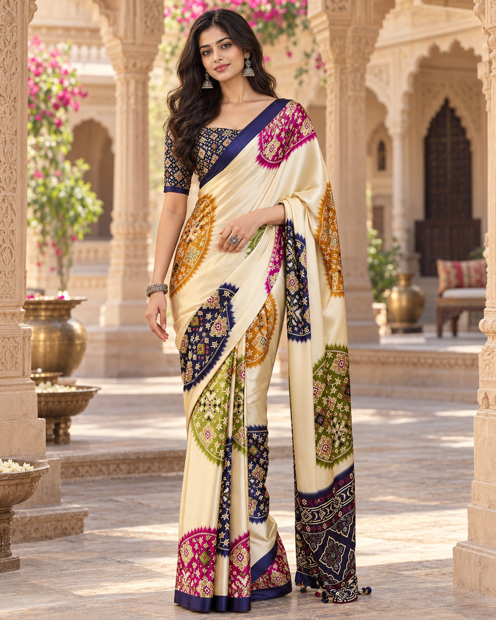 Pure Satin Silk Ajrakh Print Saree With Unstitched Blouse(White)