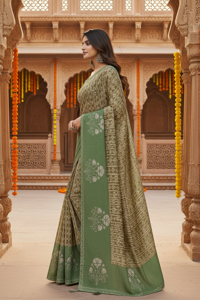 Cotton Printed Saree With Unstitched Blouse(Brown)