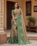 Cotton Printed Saree With Unstitched Blouse(Brown)