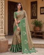 Cotton Printed Saree With Unstitched Blouse(Brown)