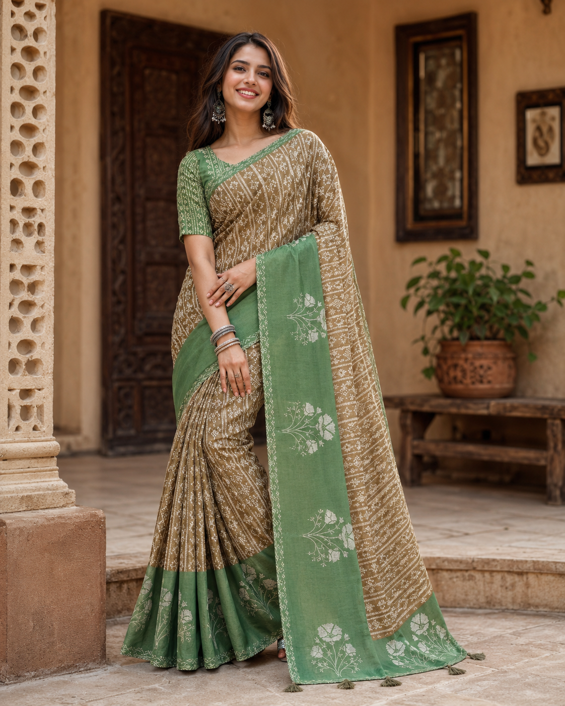 Cotton Printed Saree With Unstitched Blouse(Brown)