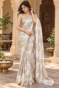 Satin Silk Printed Saree With Unstitched Blouse(White)