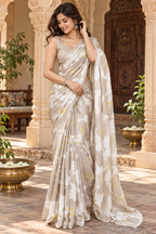 Satin Silk Printed Saree With Unstitched Blouse(White)