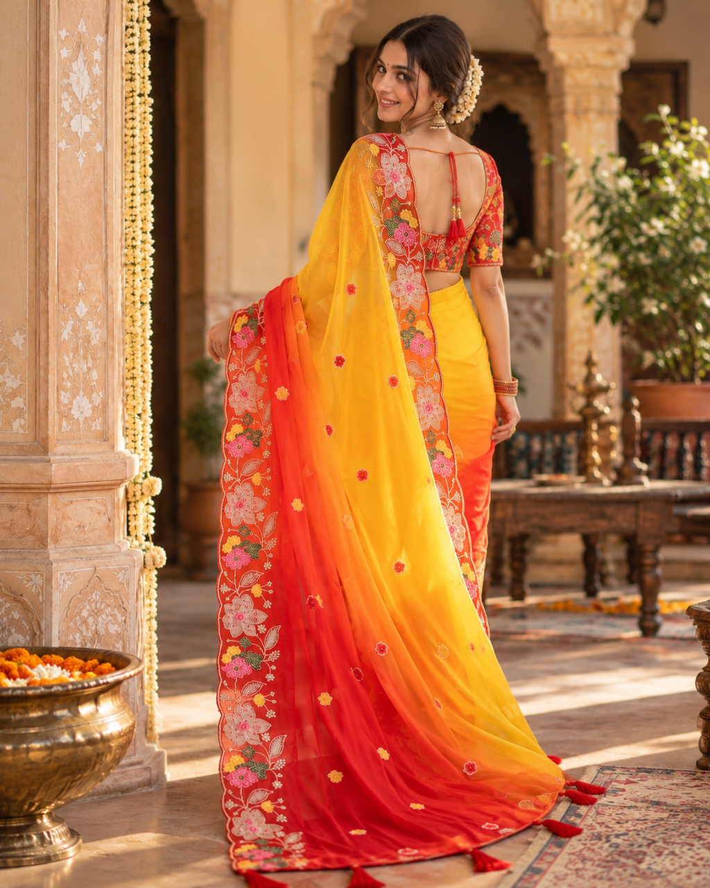 Georgette Embroidery Work Saree With Unstitched Blouse(Yellow)