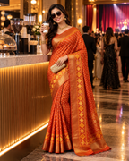 Premium Dola Silk Bandhani Print Zari Border Sarees With Unstitched Blouse(Orange)