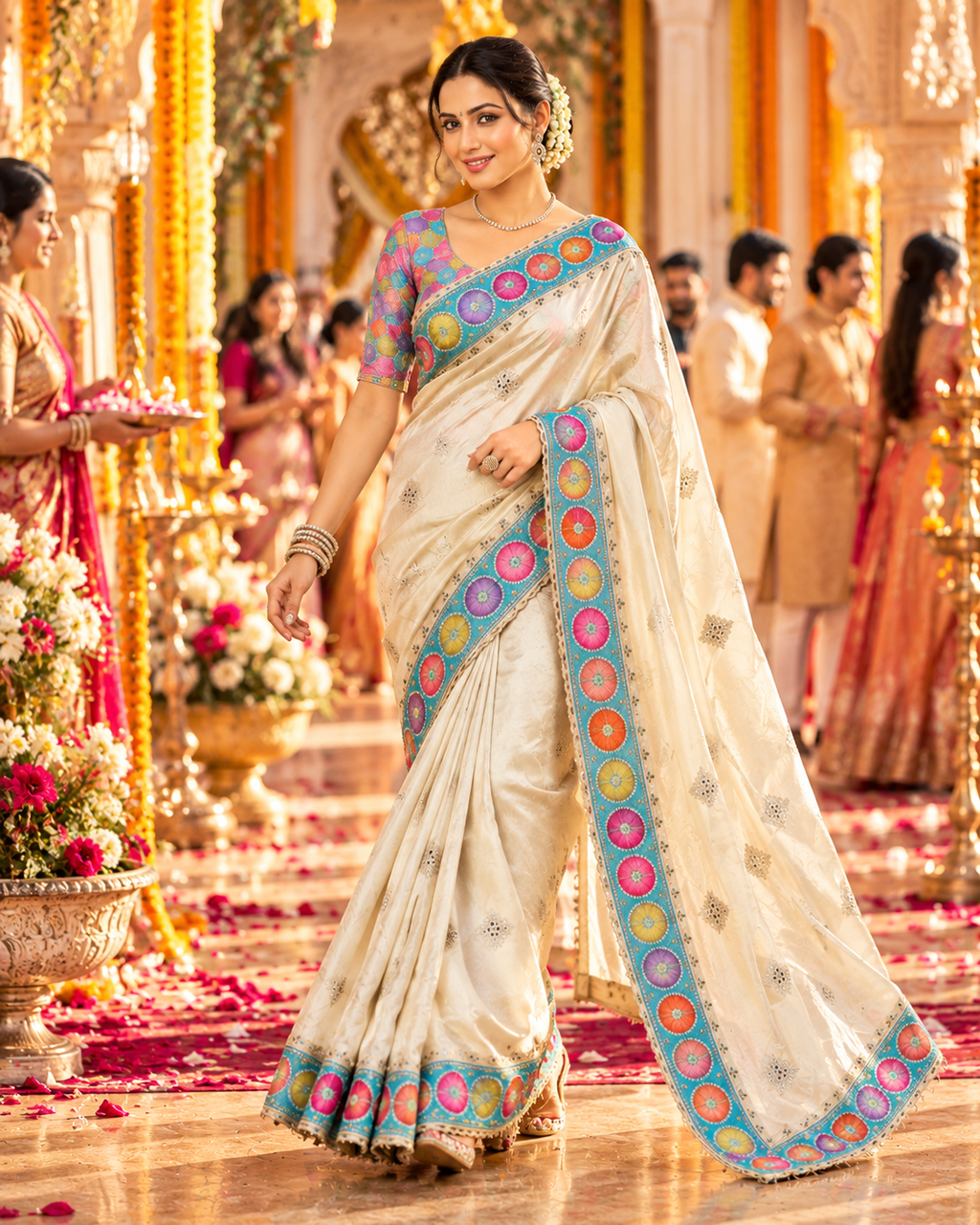 Pure Prada Silk Embroidery Sequin Work Saree with Unstitched Blouse(Silver)