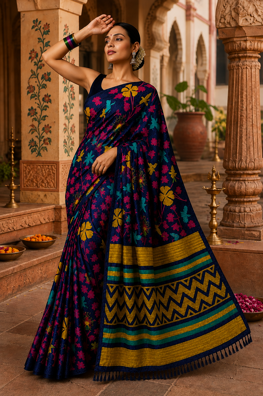 Georgette Printed Saree With Unstitched Blouse(Blue)