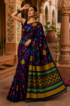 Georgette Printed Saree With Unstitched Blouse(Blue)