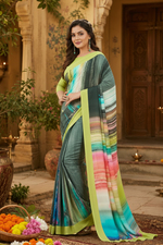 Load image into Gallery viewer, Soft Crepe Silk Digital Print Saree With Unstitched Blouse(Green)
