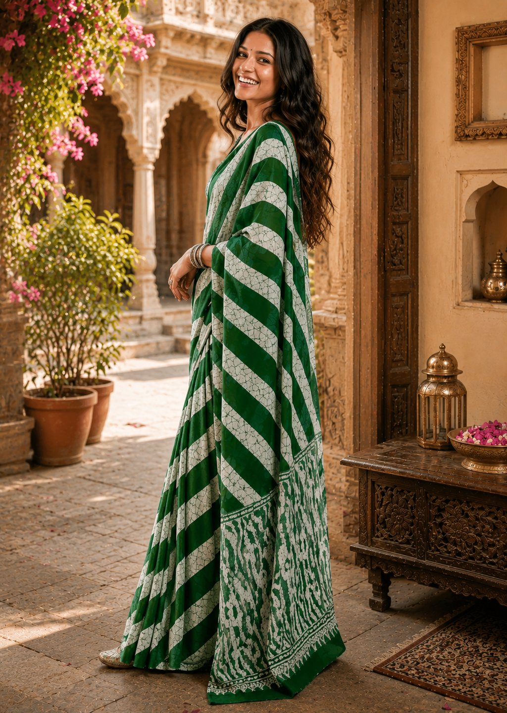 Mulmul Cotton Batik Hand Block Printed Saree With Unstitched Blouse(Green)