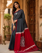 Gaji Silk Ajrakh Printed Saree With Unstitched Blouse(Red)