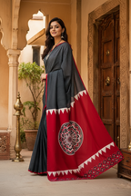 Gaji Silk Ajrakh Printed Saree With Unstitched Blouse(Red)