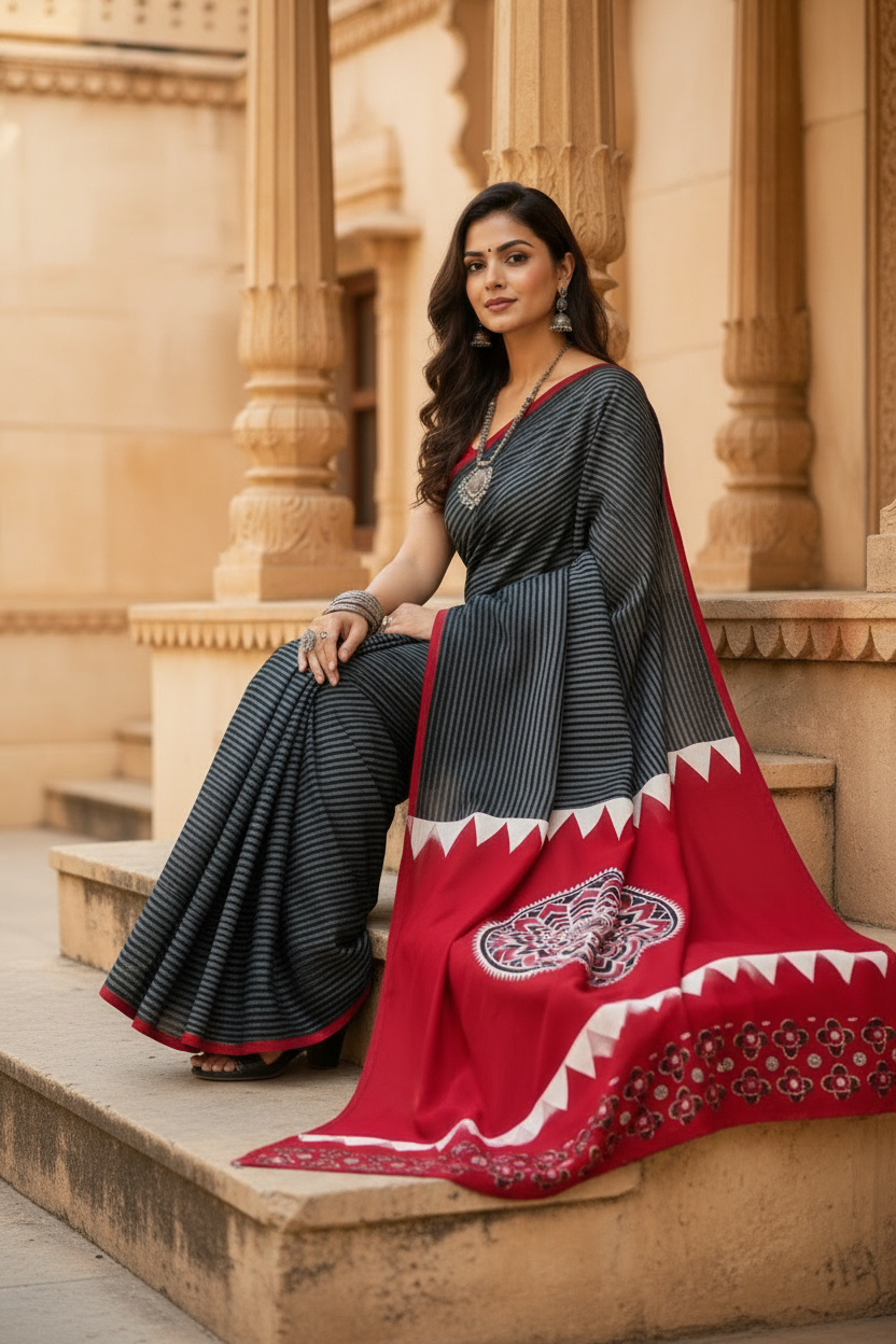 Gaji Silk Ajrakh Printed Saree With Unstitched Blouse(Red)