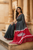 Gaji Silk Ajrakh Printed Saree With Unstitched Blouse(Red)