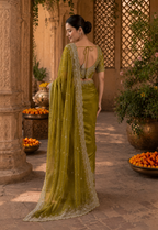 Satin Silk Embroidery Work Saree With Unstitched Blouse(Green)