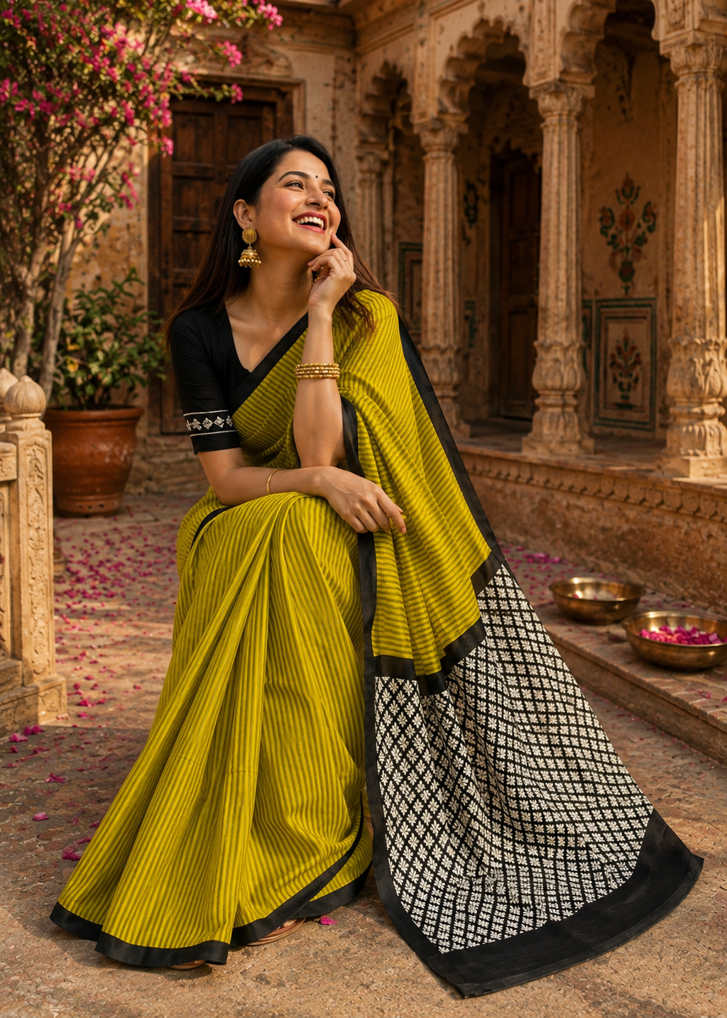 Mulmul Cotton Bagru- Printed Saree With Unstitched Blouse(Green)