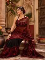 Georgette Flower Sequins Embroidery Work Saree With Unstitched Blouse(Red)