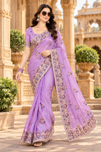 Pure Soft Organza Silk Embroidery Work Saree With Unstitched Blouse(Lavender)