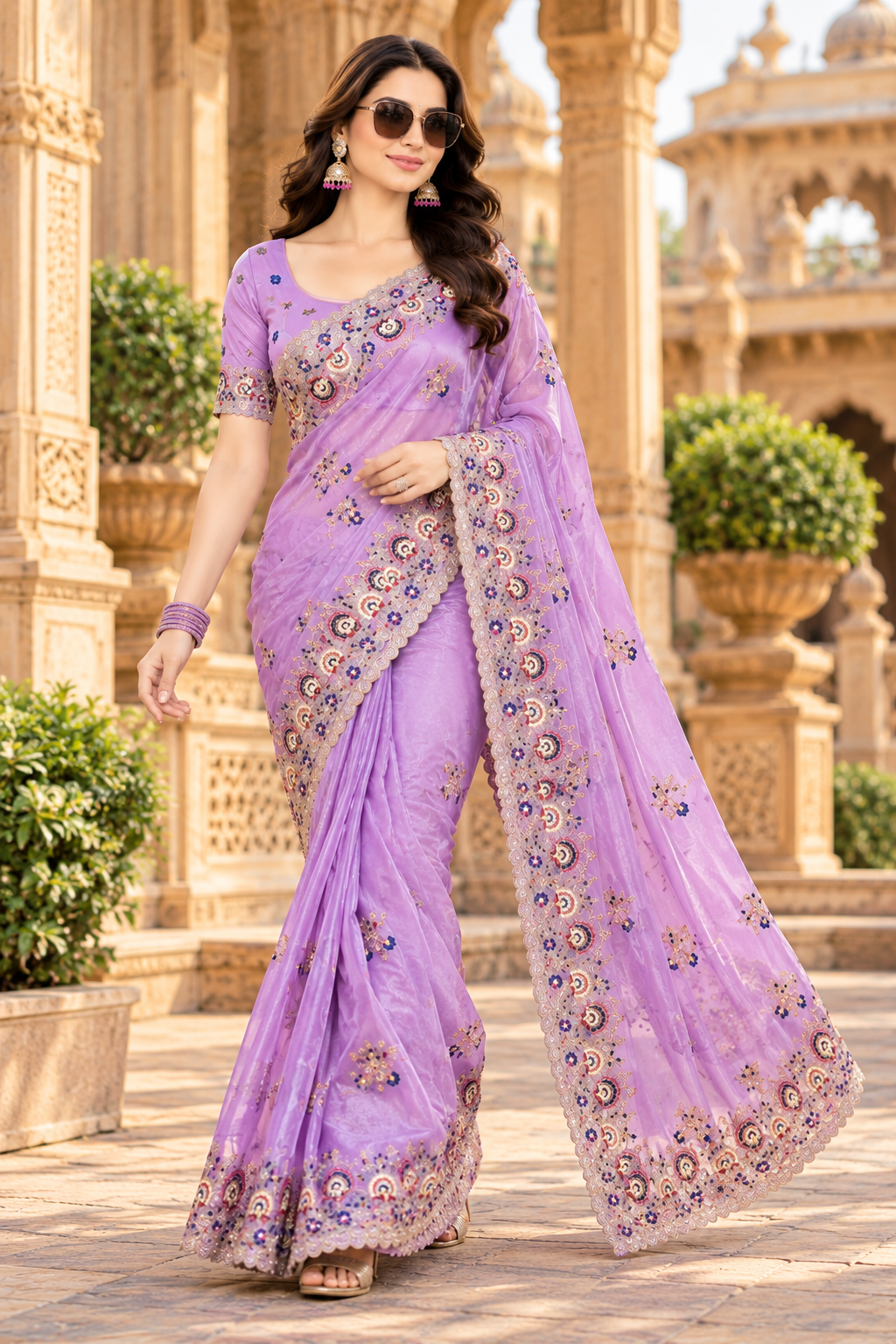 Pure Soft Organza Silk Embroidery Work Saree With Unstitched Blouse(Lavender)
